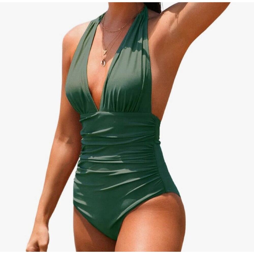 CUPSHE Women V Neck One Piece Swimsuit Halter Backless Ruched Tummy Control M